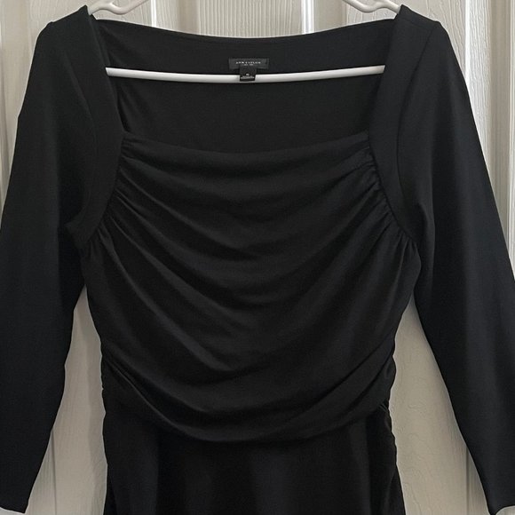 NWOT ANN TAYLOR BLACK DRESS SZ 6 RUCHED WAIST 3/4 SLEEVES - Picture 2 of 5